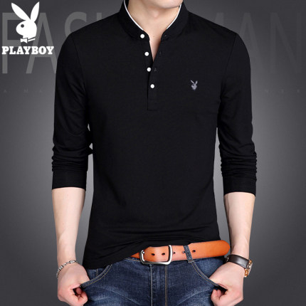 花花公子长袖t恤男纯色青年立领打底衫春季休闲潮流体恤2017新品