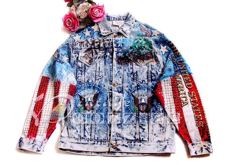 美国vintage铆钉全钻石手绘外套