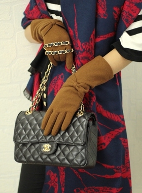 日本手套大蝴蝶结长款羊毛呢手套冬季保暖分指优雅气质斗篷纯色女