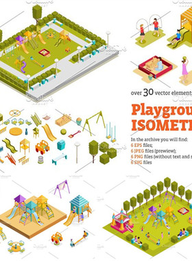 [546]AI矢量设计素材 扁平化Isometric轴测图游乐场滑滑梯幼儿园