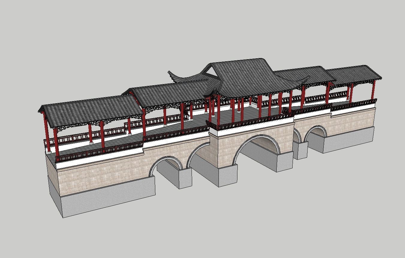 非实物草图大师中式桥skp模型古典景观桥su模型石头桥skp拱桥su
