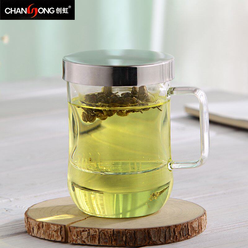 创虹玻璃杯带盖花茶杯 水杯家用喝水杯子办公室泡茶杯 过滤茶杯