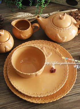 出口捷克余单zakka杂货复古橙色陶瓷公鸡浮雕做旧盘子碗壶组合