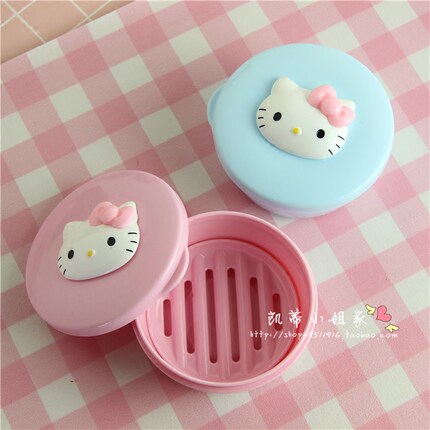 包邮可爱hellokitty圆形皂盒便携旅行密封带沥水架手工皂盒长皂盒