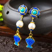 Very Thai cloisonne blue carp burning natural Pearl Stud Earrings 925 Silver ladies long earrings new