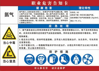 氮气当心中毒窒息职业病危害告知牌卡警示标志标识告知警示牌定做