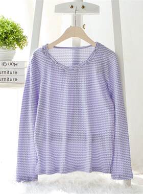 包邮！日系大码女装 夏装条纹长袖宽松圆领打底衫T恤t-shirts
