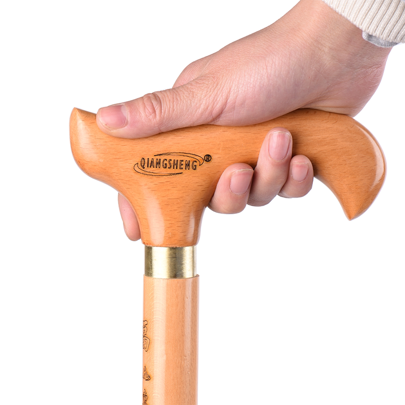 强盛 登山杖实木质 木头手杖拐棍 中老年人榉木 牛角龙头老人拐杖