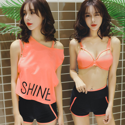 温泉泳衣女三件套分体比基尼游泳衣显瘦保守平角小胸钢托聚拢泳装-tmall.com天猫