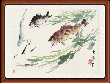 国画牡丹字画客厅花鸟画 真迹宣纸书画作品仿王雪涛 群鱼图赠装裱