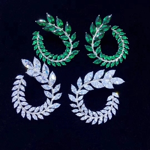 名星同款树叶耳钉 圆圈形 925纯银镶嵌锆石树枝环状耳钉 绿色白色