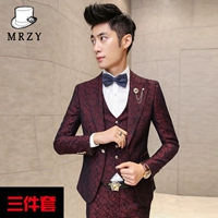 Meiren Zhiyi mùa xuân và mùa thu mới rượu vang đỏ jacquard nhỏ phù hợp với bộ đồ ba mảnh nam Hàn Quốc phù hợp với trang phục phù hợp với nam - Suit phù hợp vest nam