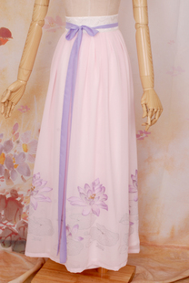 独家高档定制汉服白色绣紫莲花裙双层雪纺一片式围合特价包邮