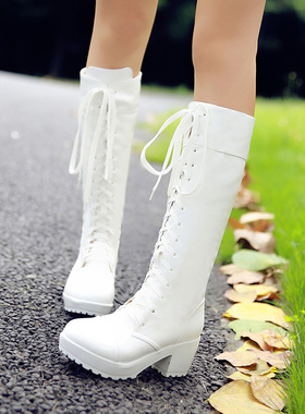 马丁靴 女2019秋冬高跟cos鞋白色高筒英伦前系带大码潮女靴子长靴