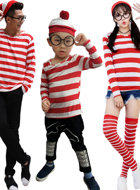 万圣节亲子装情侣款聪明的沃里Where's Wally英国cosplay动漫人物
