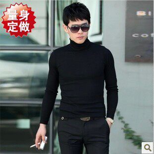 韩版男士修身黑色双层高领长袖T恤 休闲打底衫男纯色保暖长袖上衣