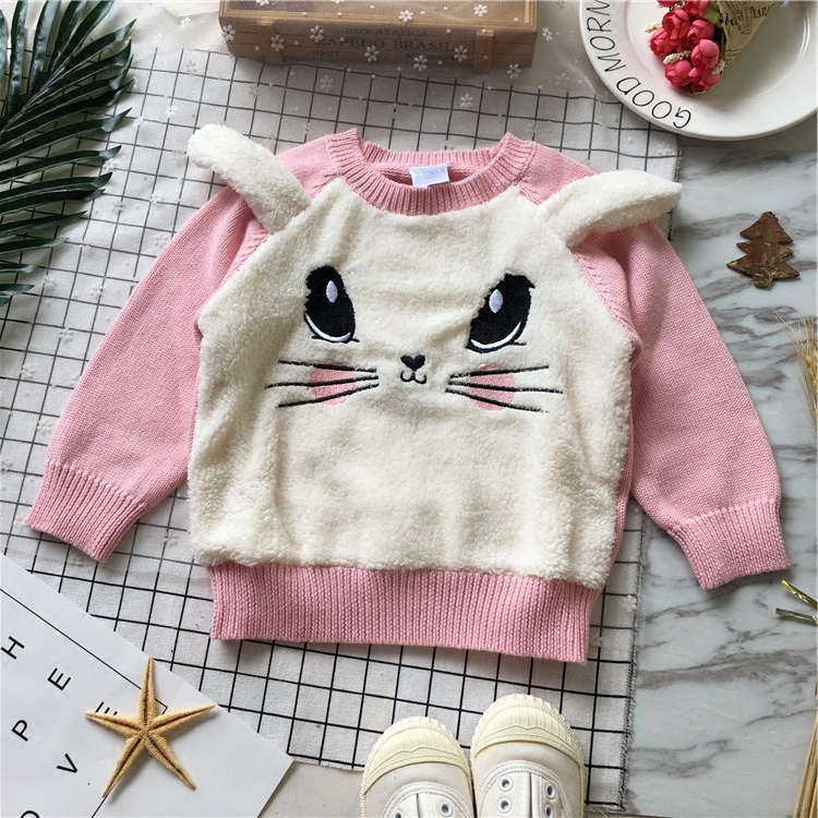 春秋装新款女宝宝中小童装猫咪绒布机绣可爱粉色上衣毛衣