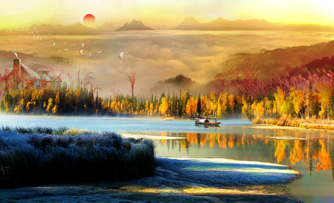 森林树木遍地黄金海报画风景山水卧室客厅装饰画巨幅挂画f8164c