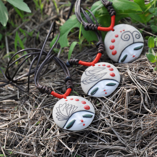 原创陶瓷手工首饰品中国风复古民族风可爱娃娃头美人脸项链吊坠女