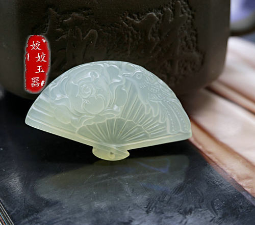 天然玉石岫玉凤戏牡丹吊坠挂件*扇形扇子吊坠丹凤朝阳吊坠配件