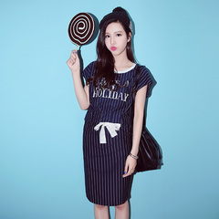 QUEENZZ/2015 vertical stripes letters laced with short sleeves in spring and summer skirts Korean leisure suit Chao TZ058