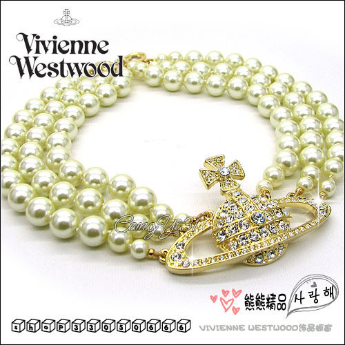 特英國vivienne薇薇安 VW 三層珍珠滿鉆大土星項鏈金色*L001包郵