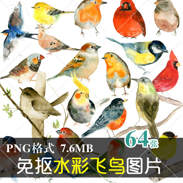 (j020)免抠png素材水彩手绘麻雀黄鹂鸟喜鹊飞禽动物美化设计图片