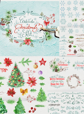 A1772矢量唯美水彩风格圣诞节快乐雪花松树花纹 AI设计素材+PSD