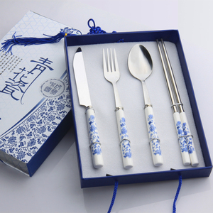 青花瓷不锈钢西式餐具4件套 陶瓷柄筷子勺子餐刀餐叉