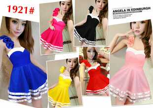 新品撞色抹胸吊带连衣裙高腰裹胸裙a字裙公主裙蓬蓬裙短裙女