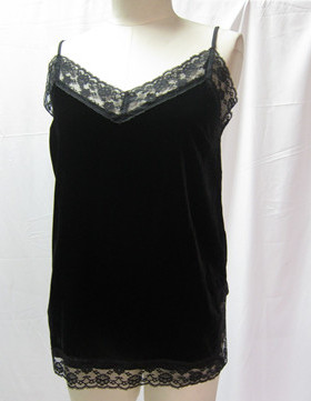 DRESS STORE 英单新款欧美蕾丝相拼丝绒天鹅绒黑色吊带上衣