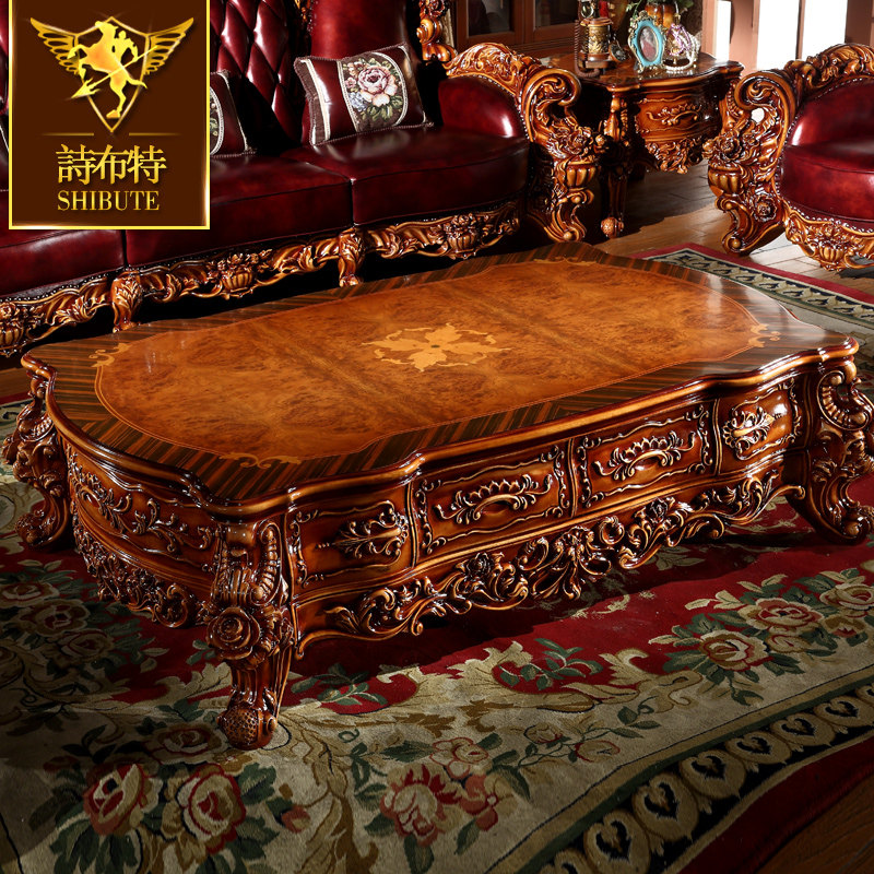 橡木奢华美式经典 实木雕花长茶几方几 桌面拼花茶几方几