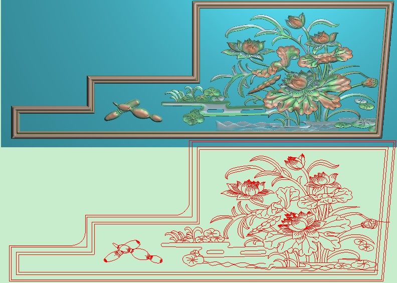 精雕图jdp灰度图bmp浮雕图莲藕莲花荷花扶手下花496x181莲花侧板
