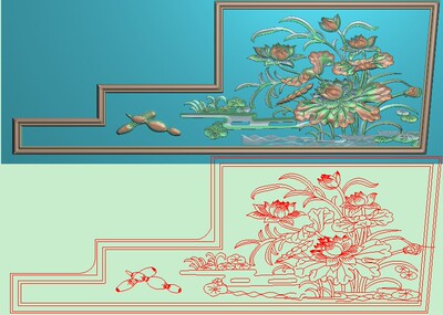 精雕图jdp灰度图bmp浮雕图莲藕莲花荷花扶手下花496x181莲花侧板