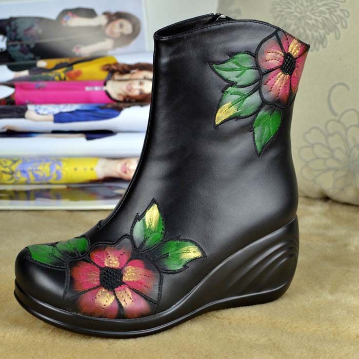 秋冬季新款女鞋纯皮女士短靴中筒单靴民族风坡跟复古绣花保暖棉靴,女鞋,时装靴,淘宝优惠券,粉丝福利购,淘宝优惠卷