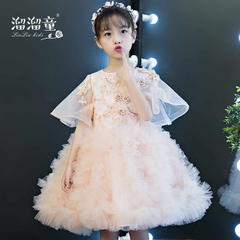 粉色儿童礼服秋女童公主裙花童婚纱走秀蓬蓬纱钢琴演出服高端洋气