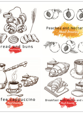 A2530矢量复古手绘线稿食物插图面包水果桃子咖啡番茄 AI设计素材