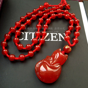 正品天然红玛瑙狐狸仙男女吊坠项链毛衣链时尚简约礼物喜庆新年