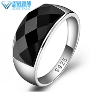 S925 sterling bạc trắng vàng nam mã não đen mặt rộng vòng lớn thời trang Hàn Quốc độc đoán món quà hipster - Nhẫn