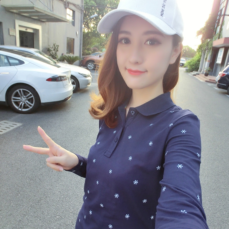 2025秋新款韩版修身翻领t恤女长袖polo衫纯棉大码印花体恤有领t