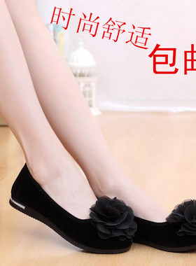 秋季老北京单布百瑞祥大花低帮重工作鞋子女花朵平底黑色上班酒店