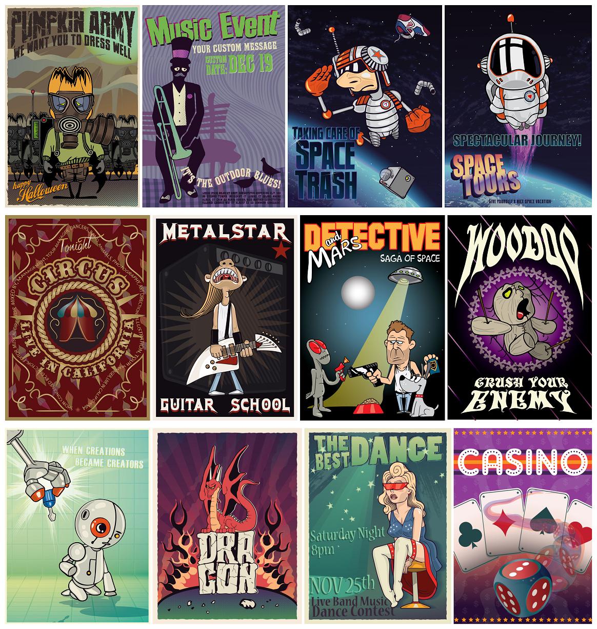 矢量设计素材 欧美卡通风格海报传单马戏团外星人演唱会 EPS格式