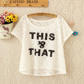 宽松印花字母镂空蕾丝上衣韩版 2026新款 短袖 镂空蕾丝衫 ins潮 夏季