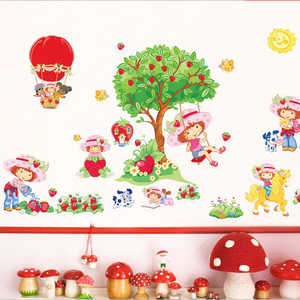 卡通贴画儿童房幼儿园装饰卧室背景墙贴纸可移除草莓女孩墙贴自粘