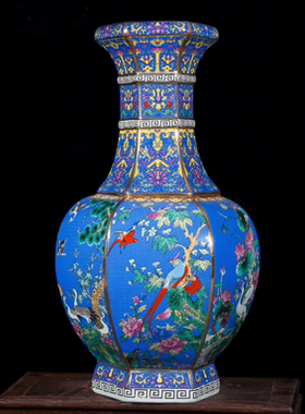 景德镇陶瓷器花瓶 仿古手工描金珐琅彩粉彩六面花鸟收藏装饰摆件