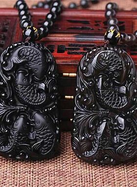 本命年天然磨砂黑曜石灵鳌夺魁吊坠 鳌鱼龙鱼冰种黑曜石文昌鱼