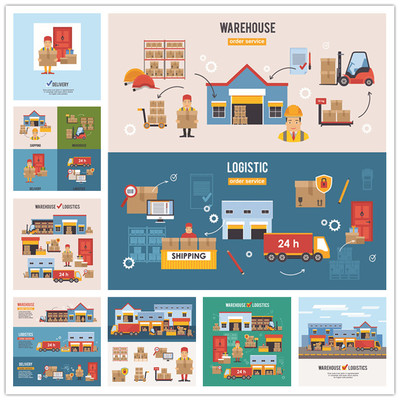 A1312矢量扁平化信息图仓库运货货车人物商务经济模板 AI设计素材