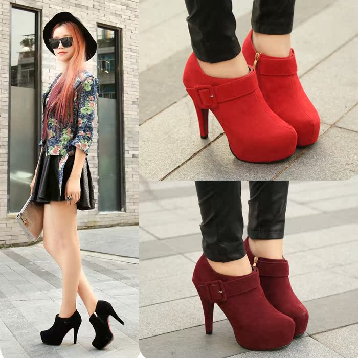 High heels autumn and winter 2016 new fine with rounded boots waterproof platform red wedding shoes bridesmaid women's shoes plus velvet