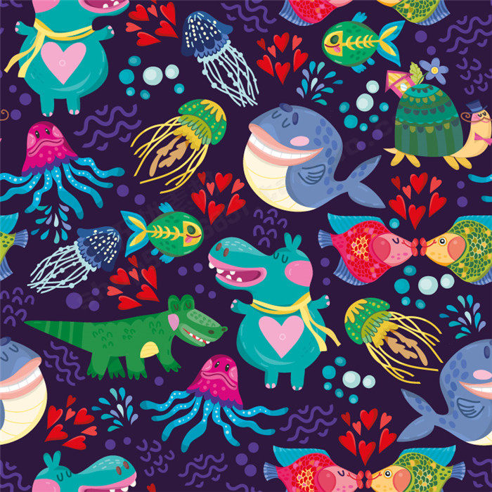 a0591矢量卡通海洋鱼类图案手绘四方连续背景 ai设计素材