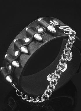 银色子弹头左轮朋克风饰品皮手链